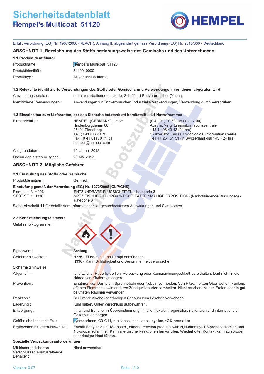 Titelseite Sicherheitsdatenblatt Hempel's Multicoat 51120 (13-HMULT25W)