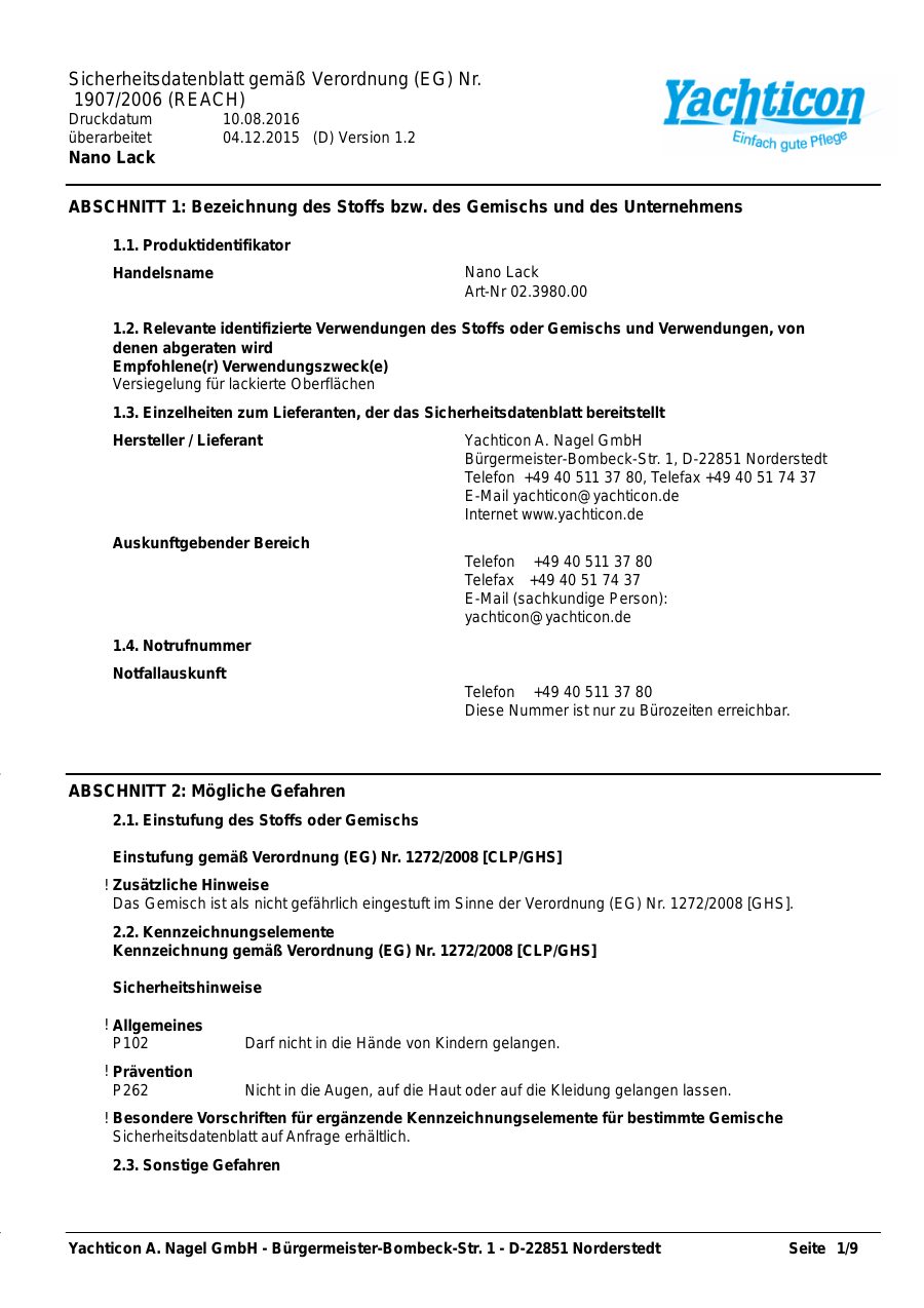 Titelseite Sicherheitsdatenblatt Nano Lack (13-YNANOLAC)