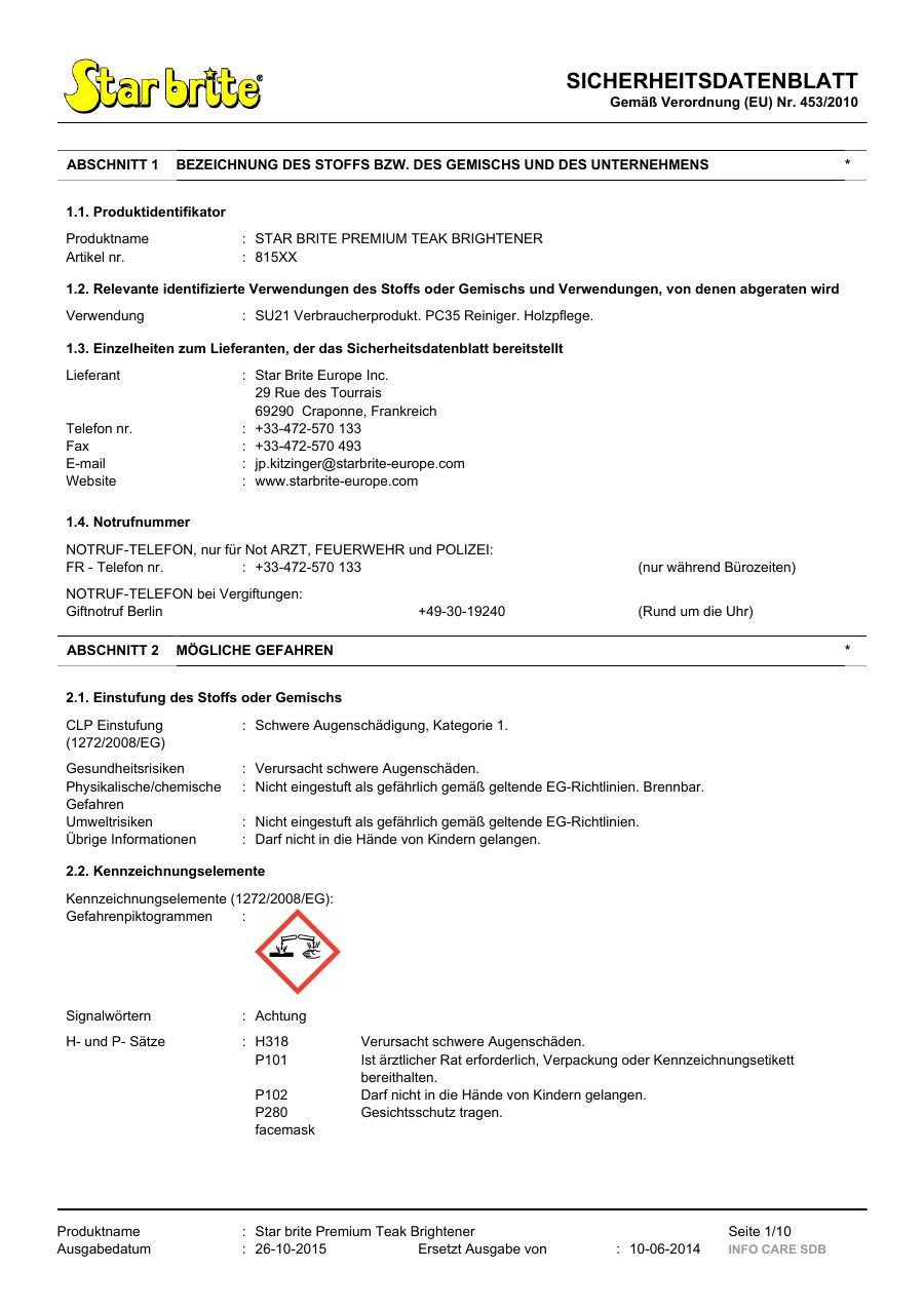 Titelseite Sicherheitsdatenblatt STAR BRITE PREMIUM TEAK BRIGHTENER (13-STEAKB3)