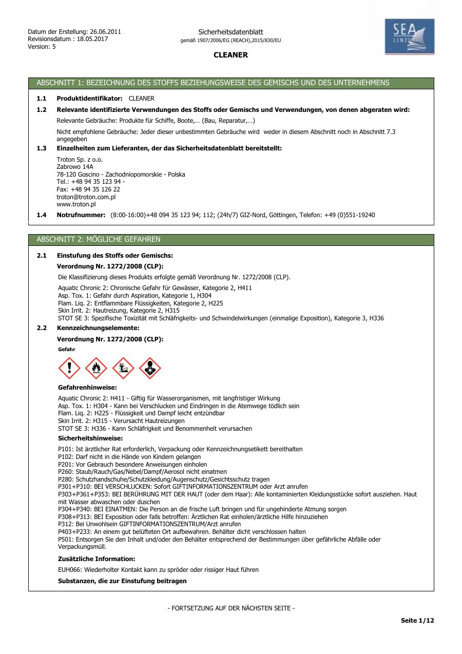 Titelseite Sicherheitsdatenblatt CLEANER