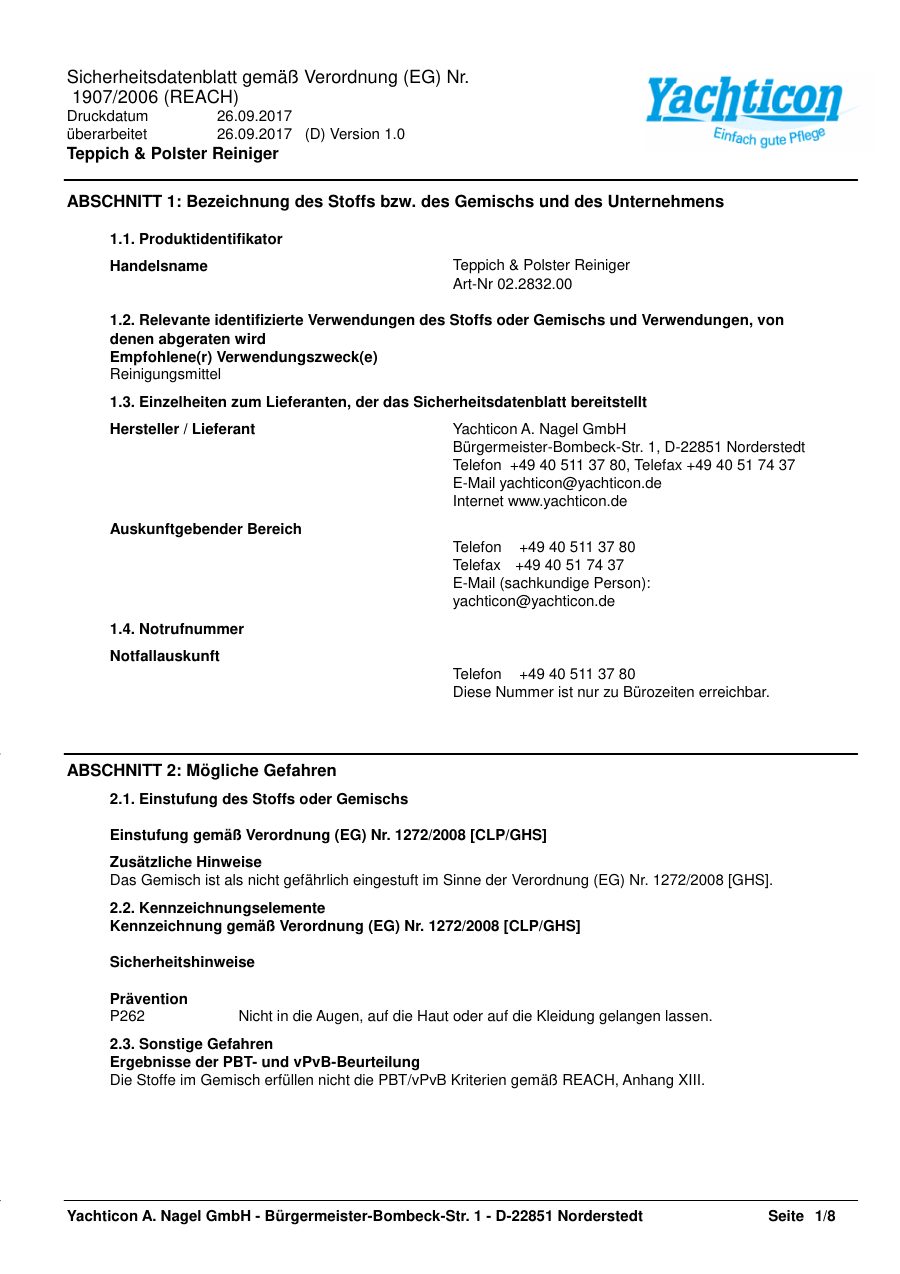 Titelseite Sicherheitsdatenblatt Teppich & Polster Reiniger (13-YTEPPICH)