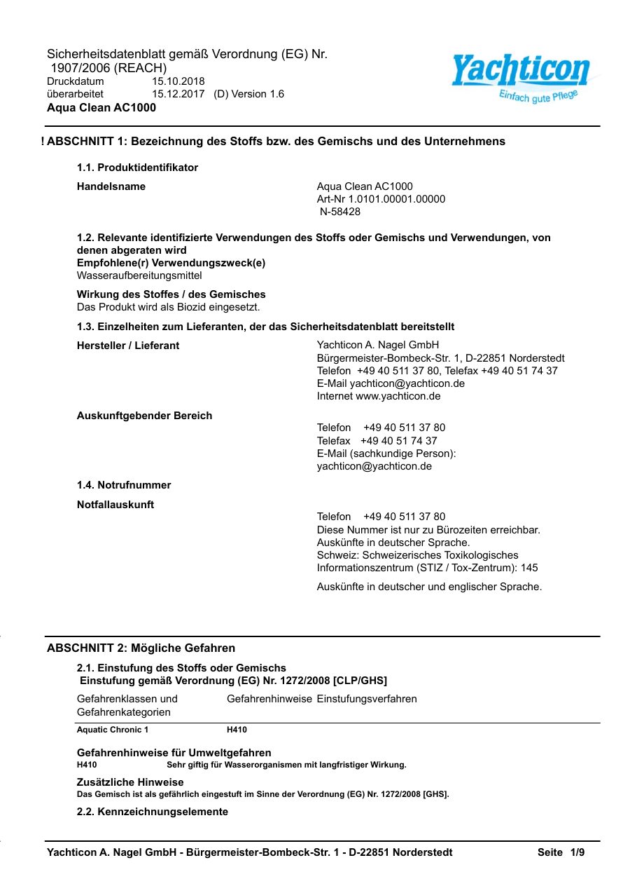 Titelseite Sicherheitsdatenblatt Aqua Clean AC1000 (18-AC1000)