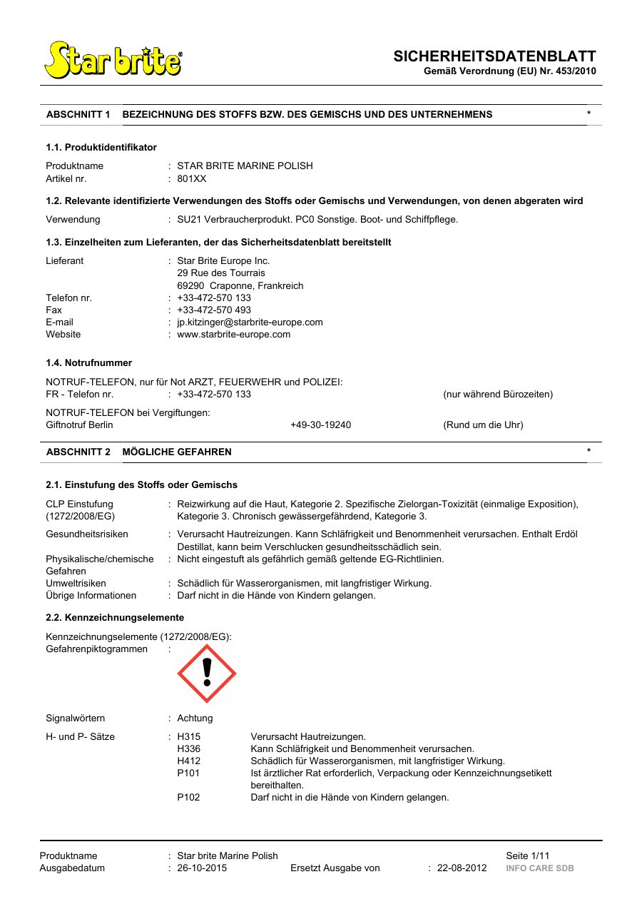 Titelseite Sicherheitsdatenblatt STAR BRITE MARINE POLISH (13-SMARINE)