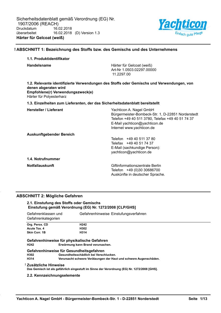 Titelseite Sicherheitsdatenblatt Härter für Gelcoat (weiß) (13-GELCOAT2_Härter)