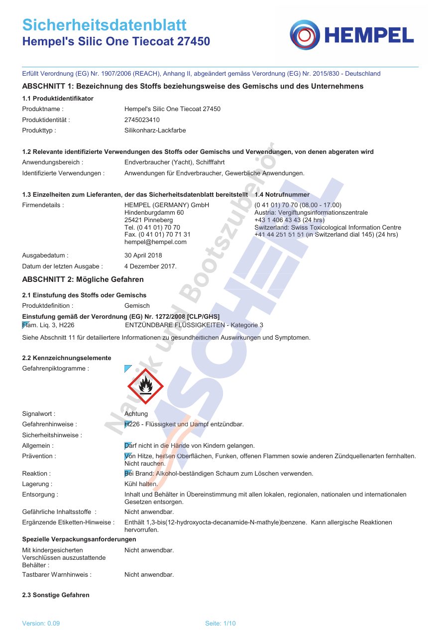 Titelseite Sicherheitsdatenblatt Hempel's Silic One Tiecoat 27450 (13-HSILICTIE)