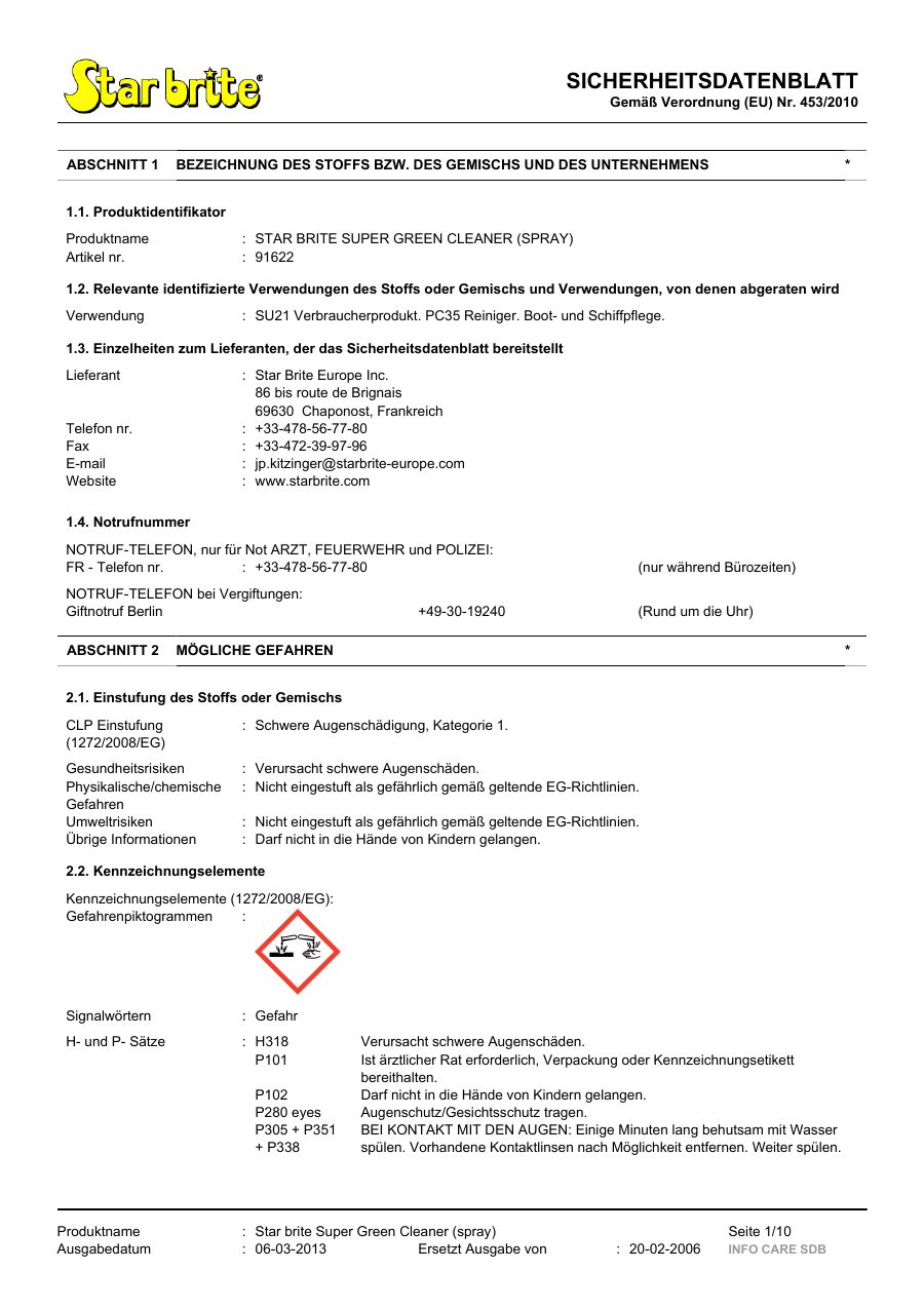 Titelseite Sicherheitsdatenblatt STAR BRITE SUPER GREEN CLEANER (SPRAY) (13-SGREEN1)