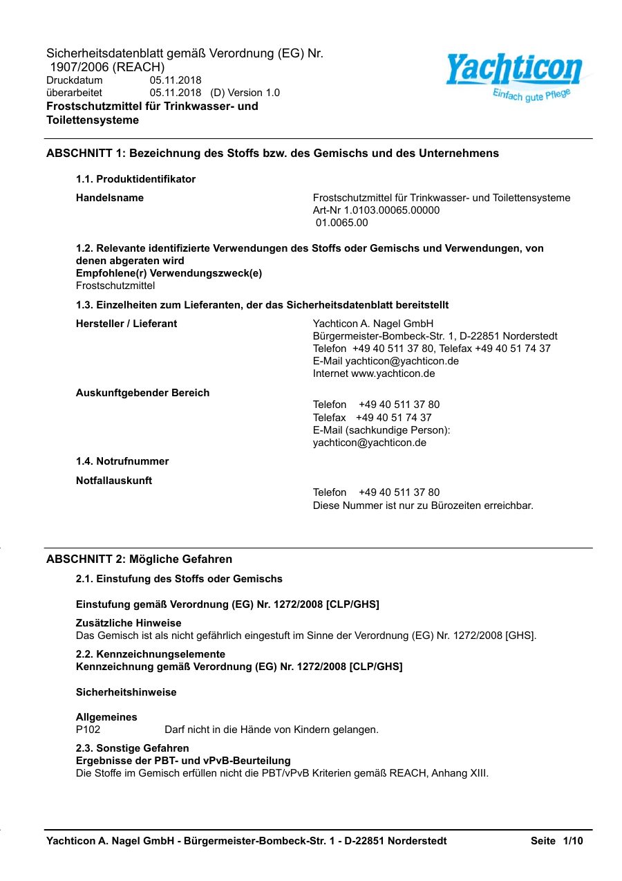 Titelseite Sicherheitsdatenblatt Frostschutzmittel für Trinkwasser- und Toilettensysteme (18-YFREEZE5)