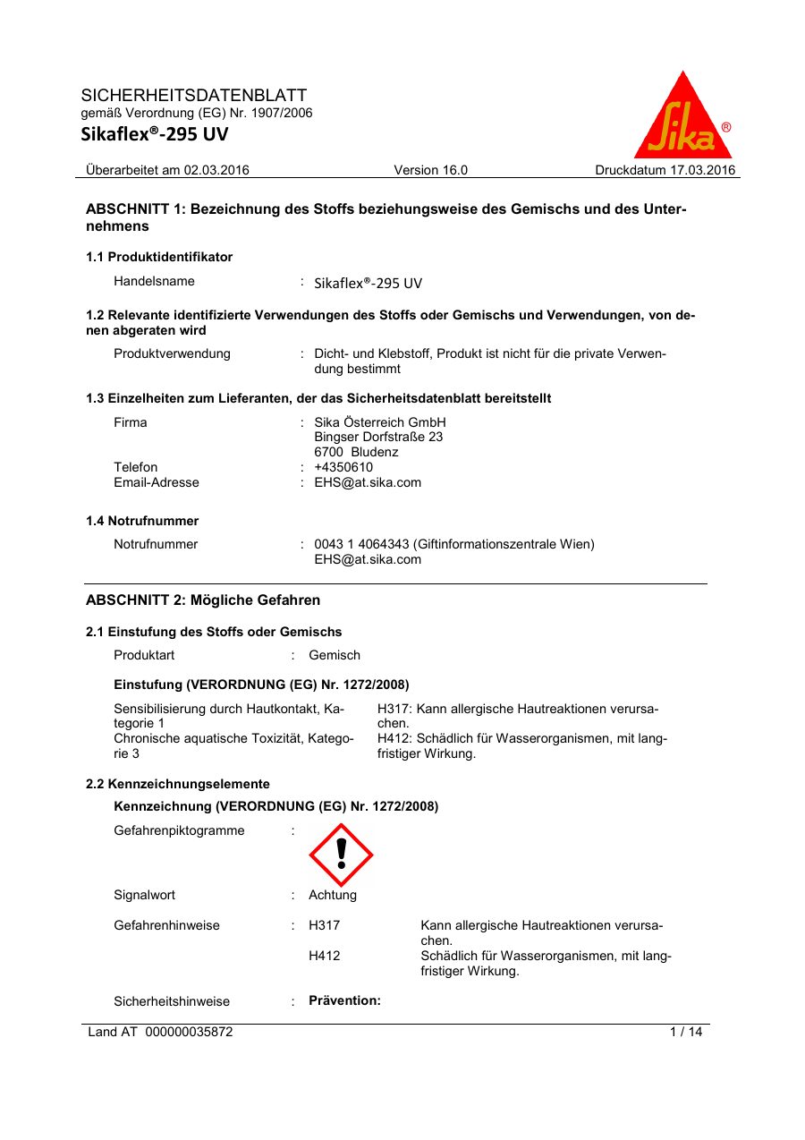 Titelseite Sicherheitsdatenblatt Sikaflex®-295 UV (13-SF295S)