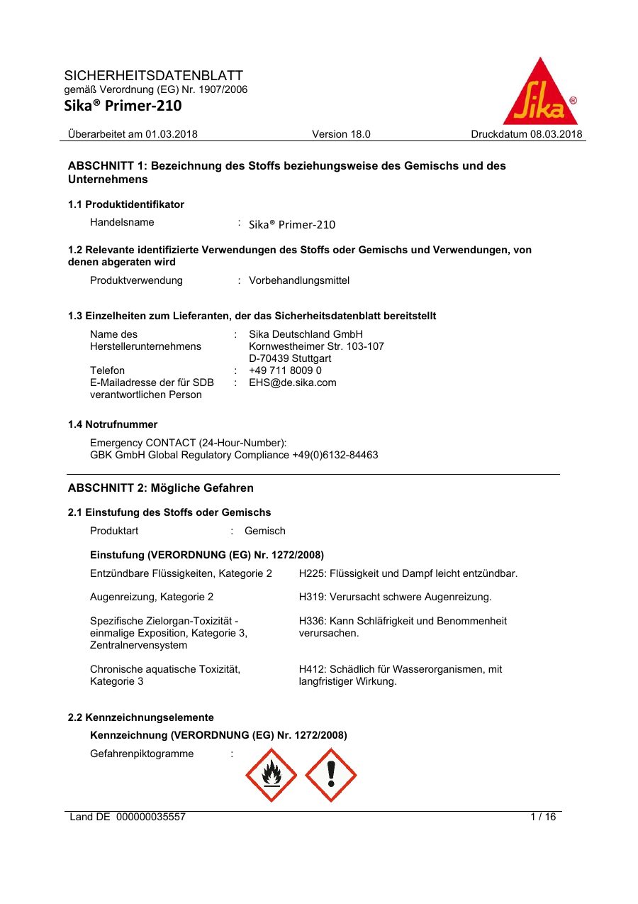 Titelseite Sicherheitsdatenblatt Sika® Primer‐210 (13-SP21025)