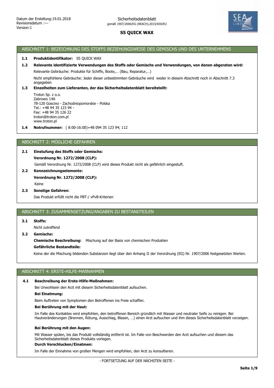 Titelseite Sicherheitsdatenblatt S5 QUICK WAX (13-SLS5500)