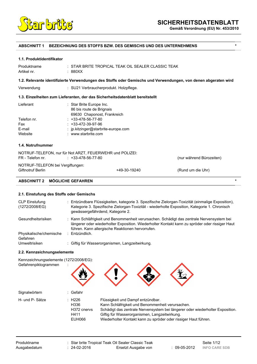Titelseite Sicherheitsdatenblatt STAR BRITE TROPICAL TEAK OIL SEALER CLASSIC TEAK (13-STEAKOT4)