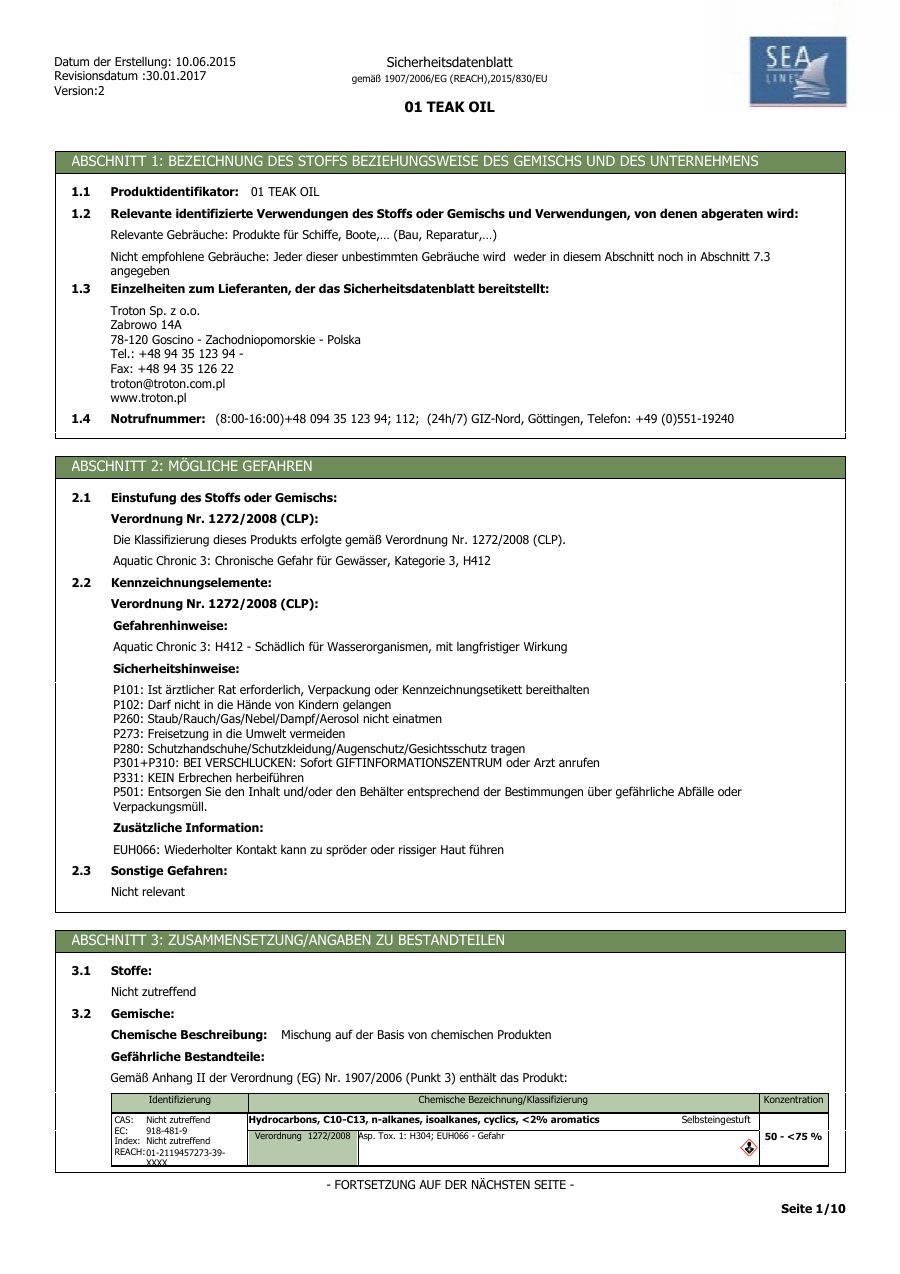 Titelseite Sicherheitsdatenblatt 01 TEAK OIL