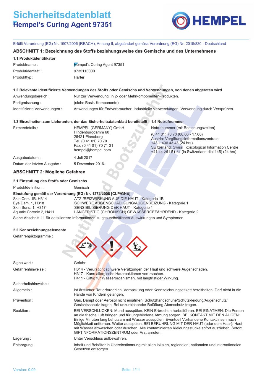 Titelseite Sicherheitsdatenblatt Hempel's Curing Agent 97351 (13-HHIGH25G_Curing)