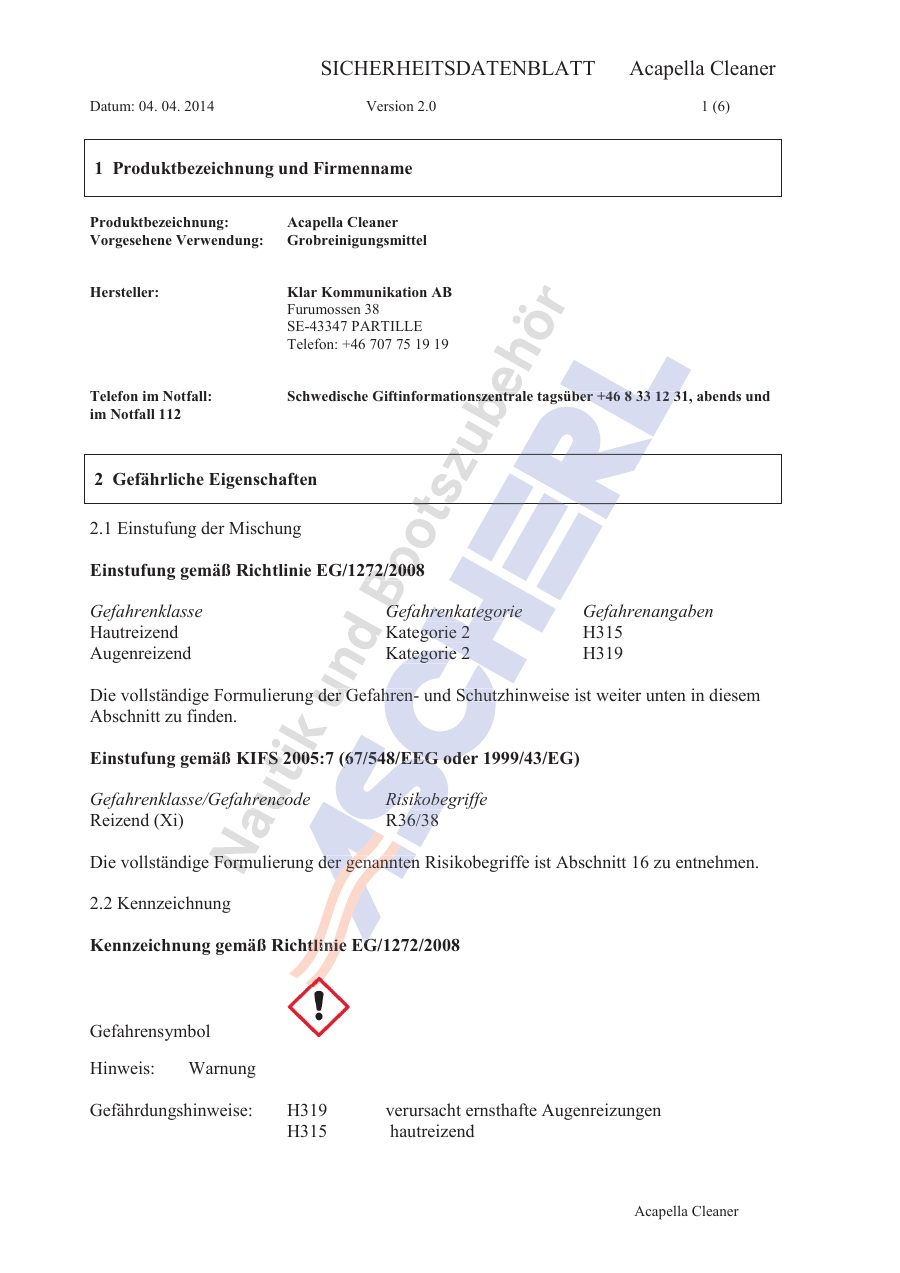 Titelseite Sicherheitsdatenblatt Acapella Cleaner (09-ACLEAN)