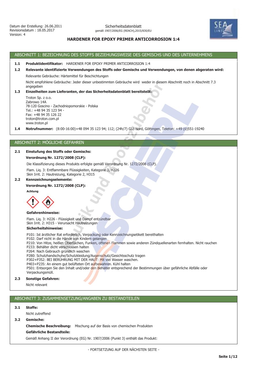 Titelseite Sicherheitsdatenblatt Sea-Line 13-SLEANTI7_H