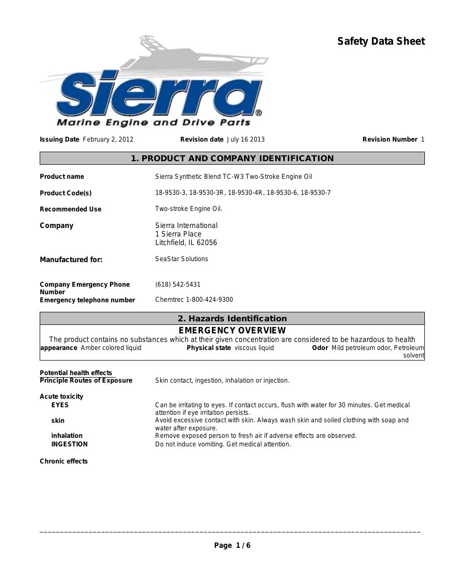 Titelseite Sicherheitsdatenblatt Sierra Synthetic Blend TC-W3 Two-Stroke Engine Oil