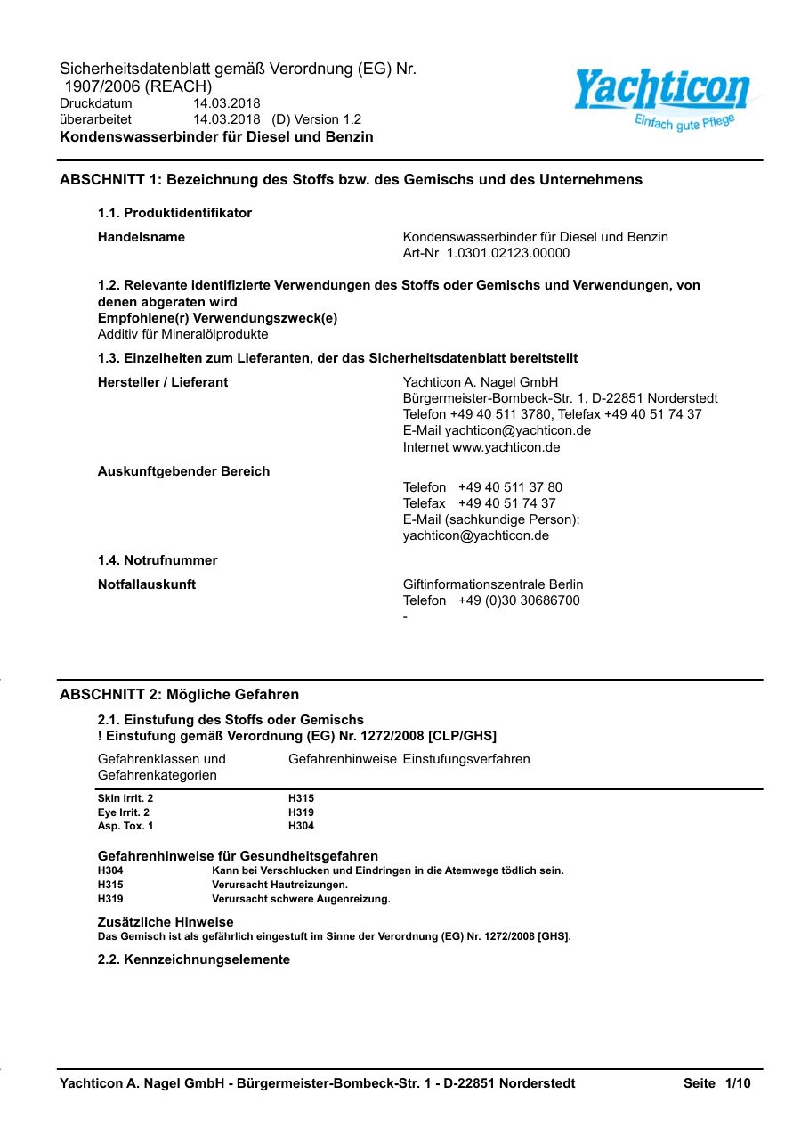 Titelseite Sicherheitsdatenblatt Kondenswasserbinder für Diesel und Benzin (13-YKONDENS)
