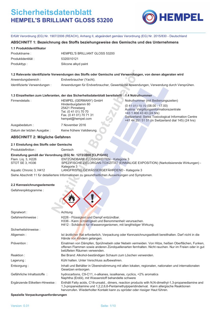 Titelseite Sicherheitsdatenblatt HEMPEL'S BRILLIANT GLOSS 53200 (13-HBRIL2RW)