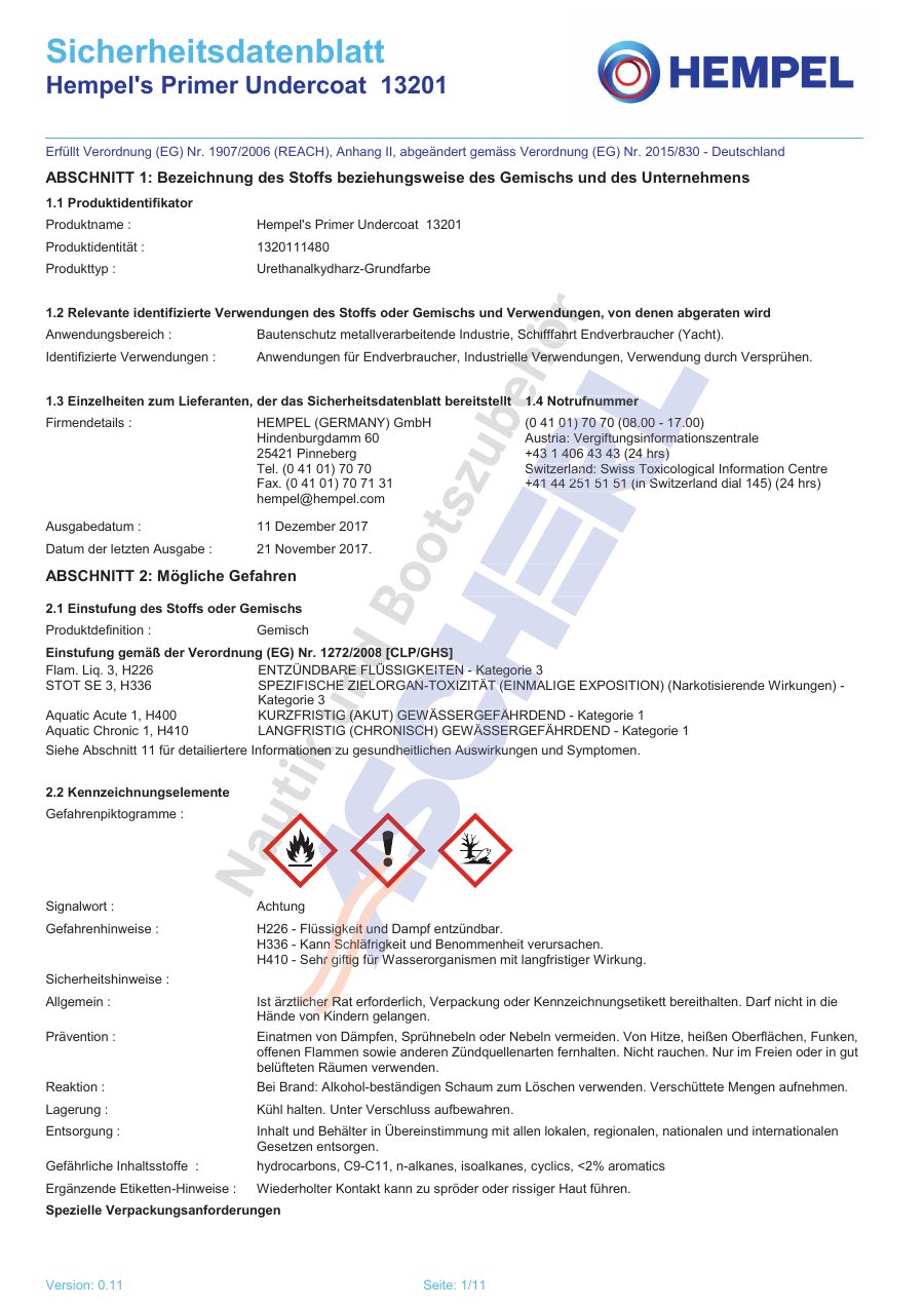 Titelseite Sicherheitsdatenblatt Hempel's Primer Undercoat 13201 (13-HPRIMU25)