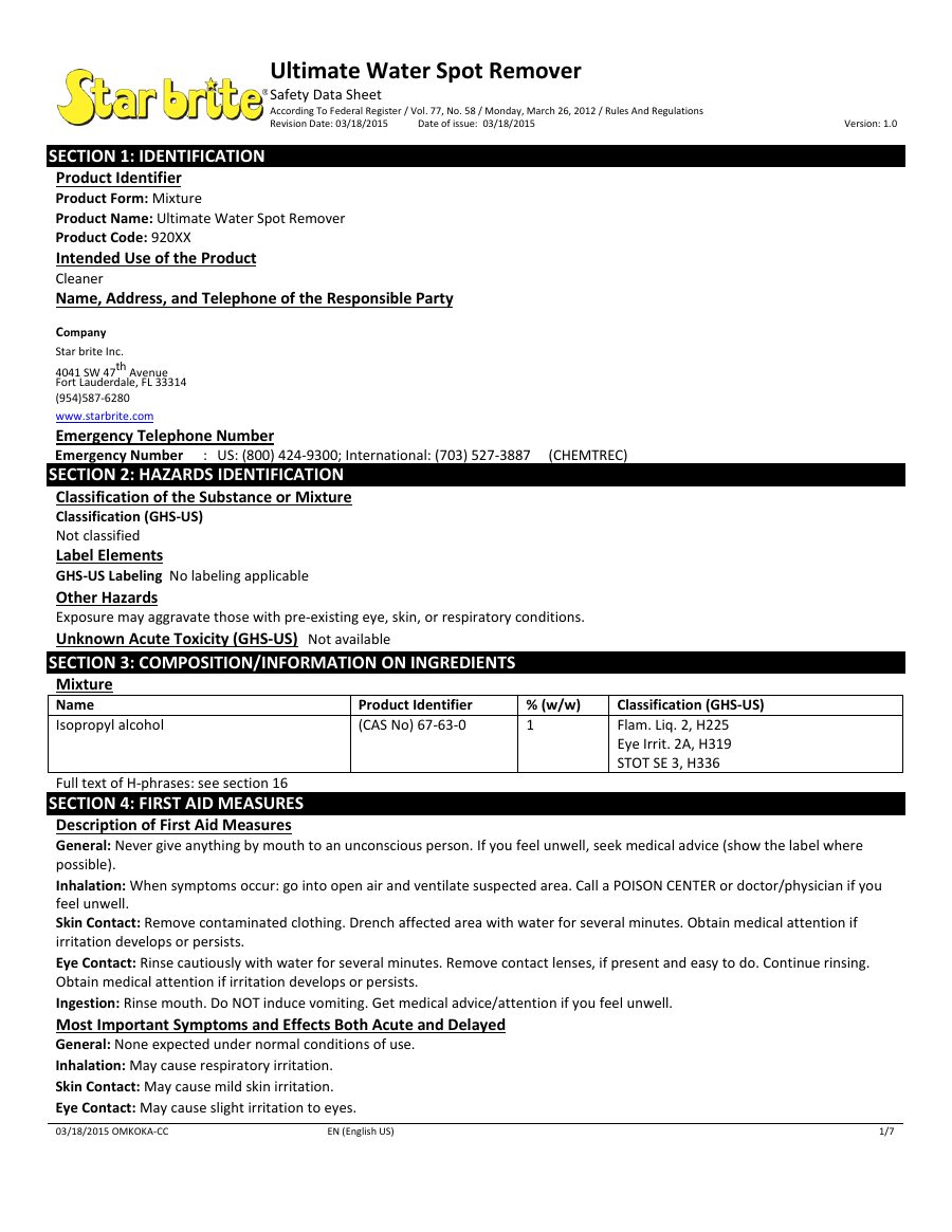 Titelseite Sicherheitsdatenblatt Ultimate Water Spot Remover (13-SWATERS6)