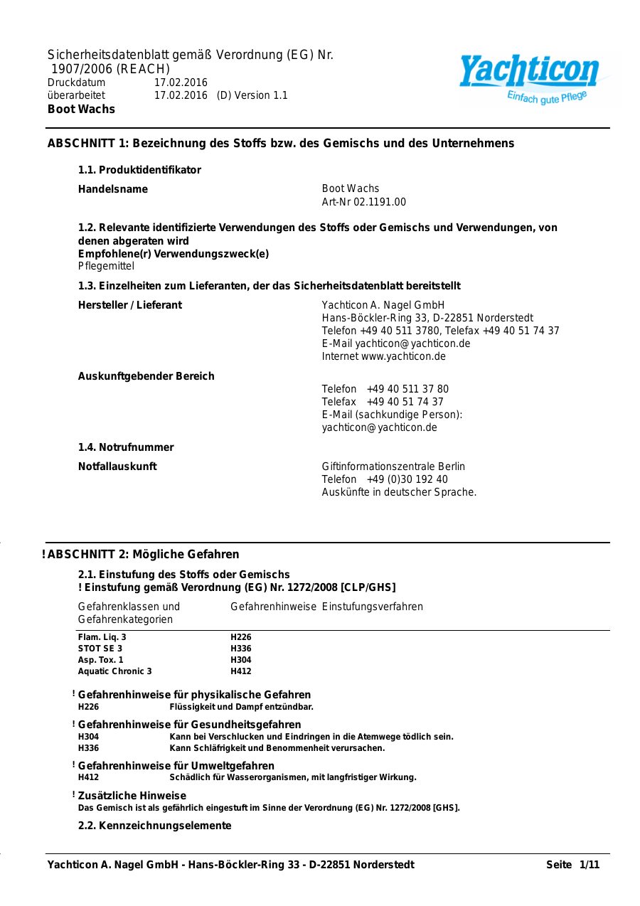 Titelseite Sicherheitsdatenblatt Boot Wachs (13-YBOOTWAX)