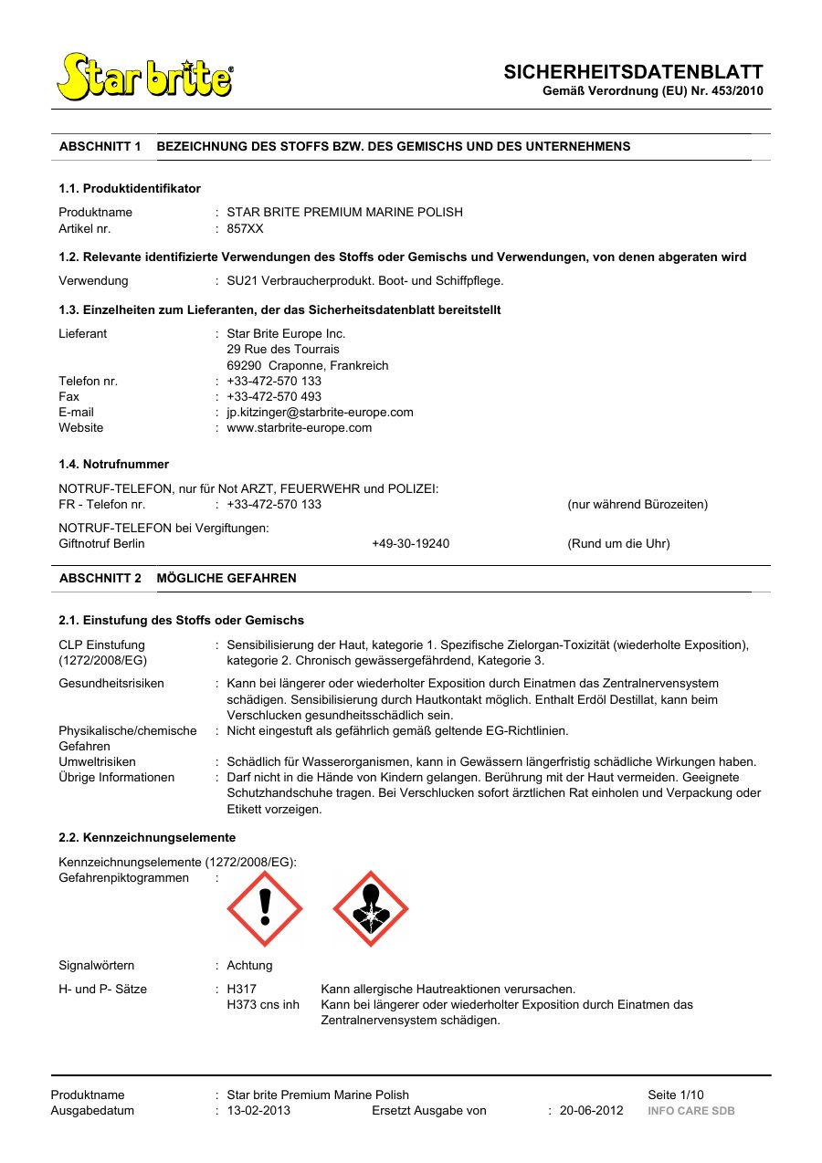 Titelseite Sicherheitsdatenblatt STAR BRITE PREMIUM MARINE POLISH (13-STEFLON4)