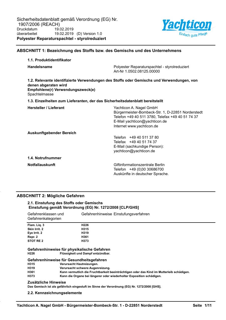 Titelseite Sicherheitsdatenblatt Polyester Reparaturspachtel - styrolreduziert (13-PKITT250)