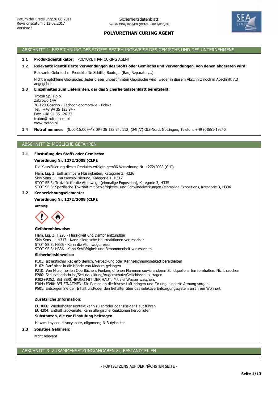 Titelseite Sicherheitsdatenblatt POLYURETHAN CURING AGENT