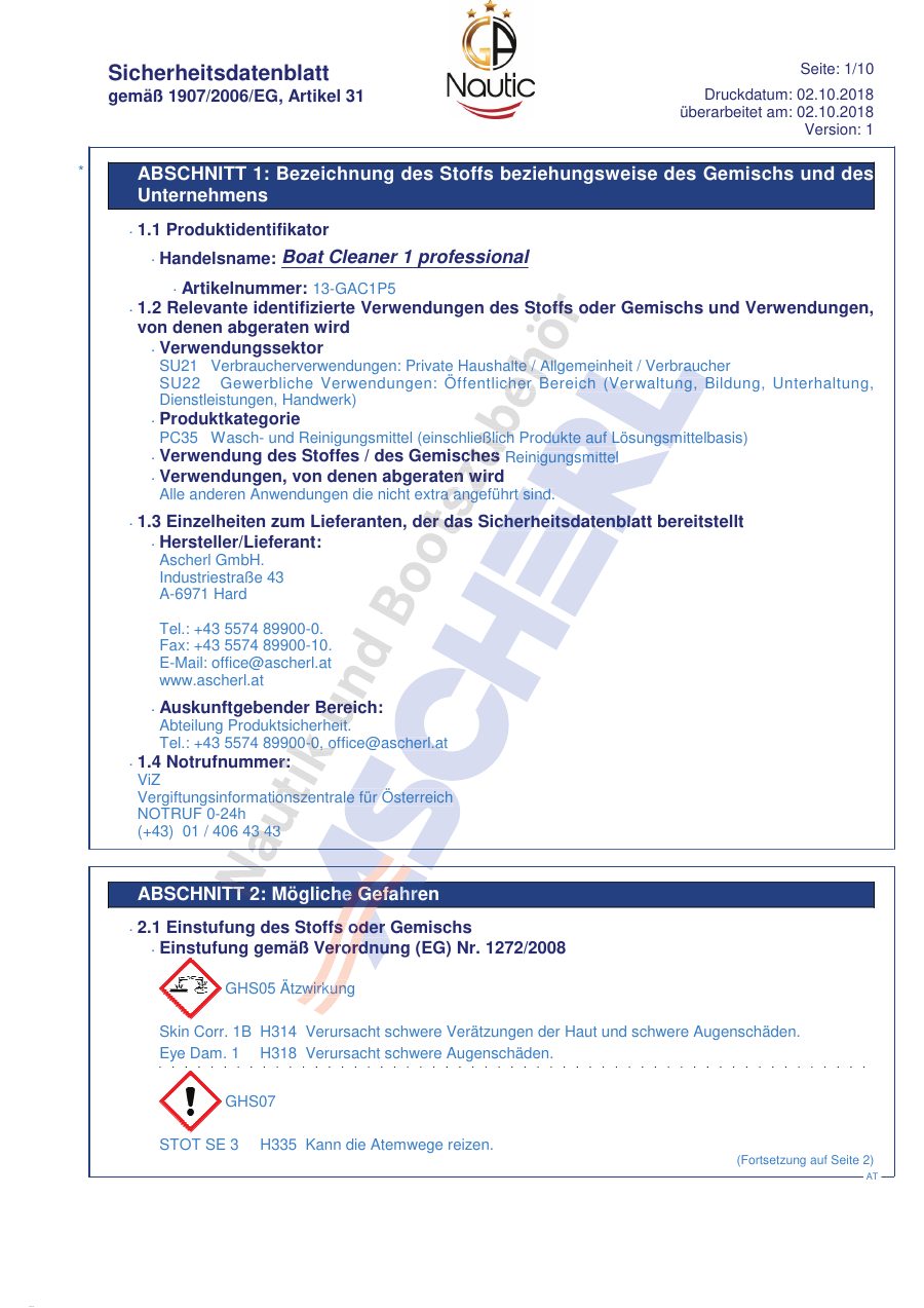 Titelseite Sicherheitsdatenblatt Boat Cleaner 1 professional (13-GAC1P5_DE)