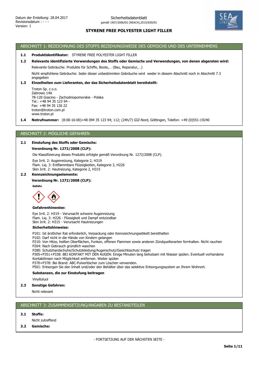 Titelseite Sicherheitsdatenblatt STYRENE FREE POLYESTER LIGHT FILLER