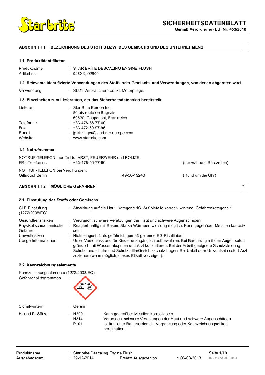Titelseite Sicherheitsdatenblatt STAR BRITE DESCALING ENGINE FLUSH (13-SENGINE3)