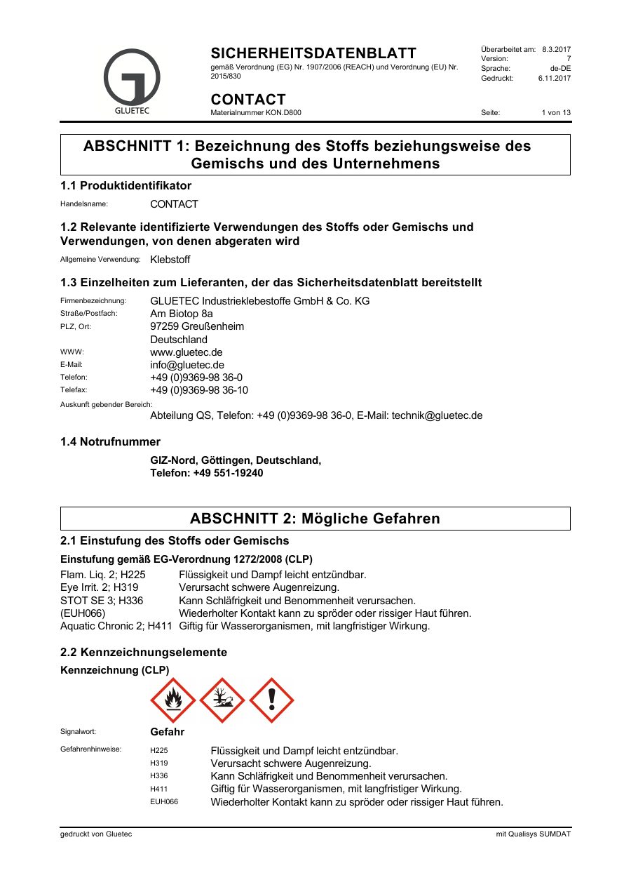 Titelseite Sicherheitsdatenblatt CONTACT (13-YKONTAKT)