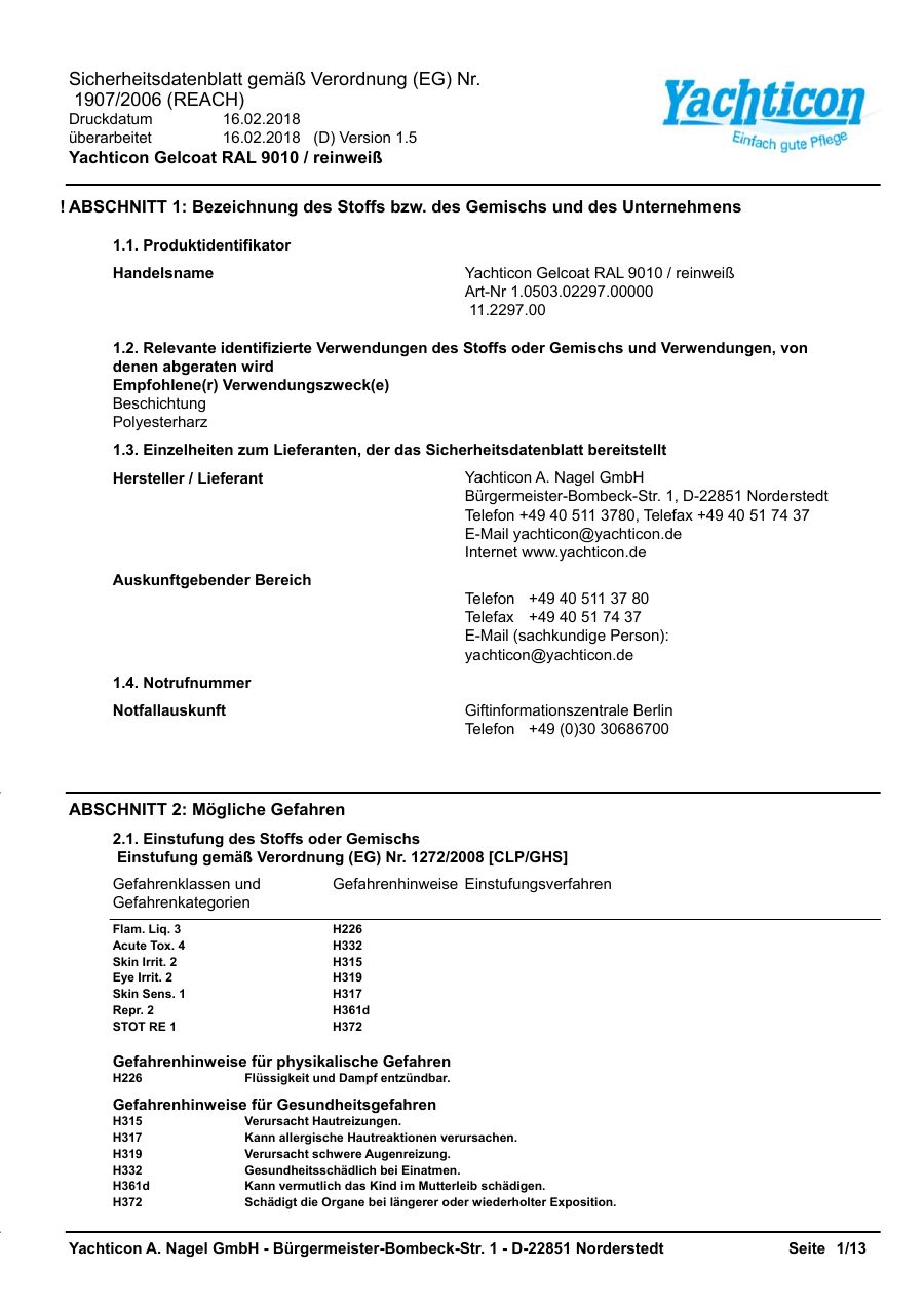 Titelseite Sicherheitsdatenblatt Yachticon Gelcoat RAL 9010 / reinweiß (13-GELCOAT2)