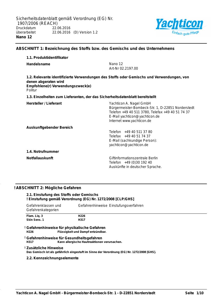 Titelseite Sicherheitsdatenblatt Nano 12 (13-YNANO122)