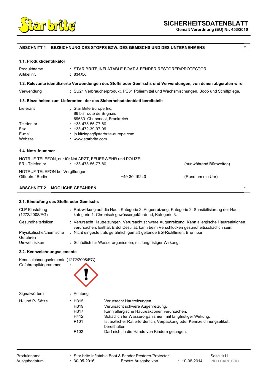 Titelseite Sicherheitsdatenblatt STAR BRITE INFLATABLE BOAT & FENDER RESTORER/PROTECTOR (13-SINFLAT)