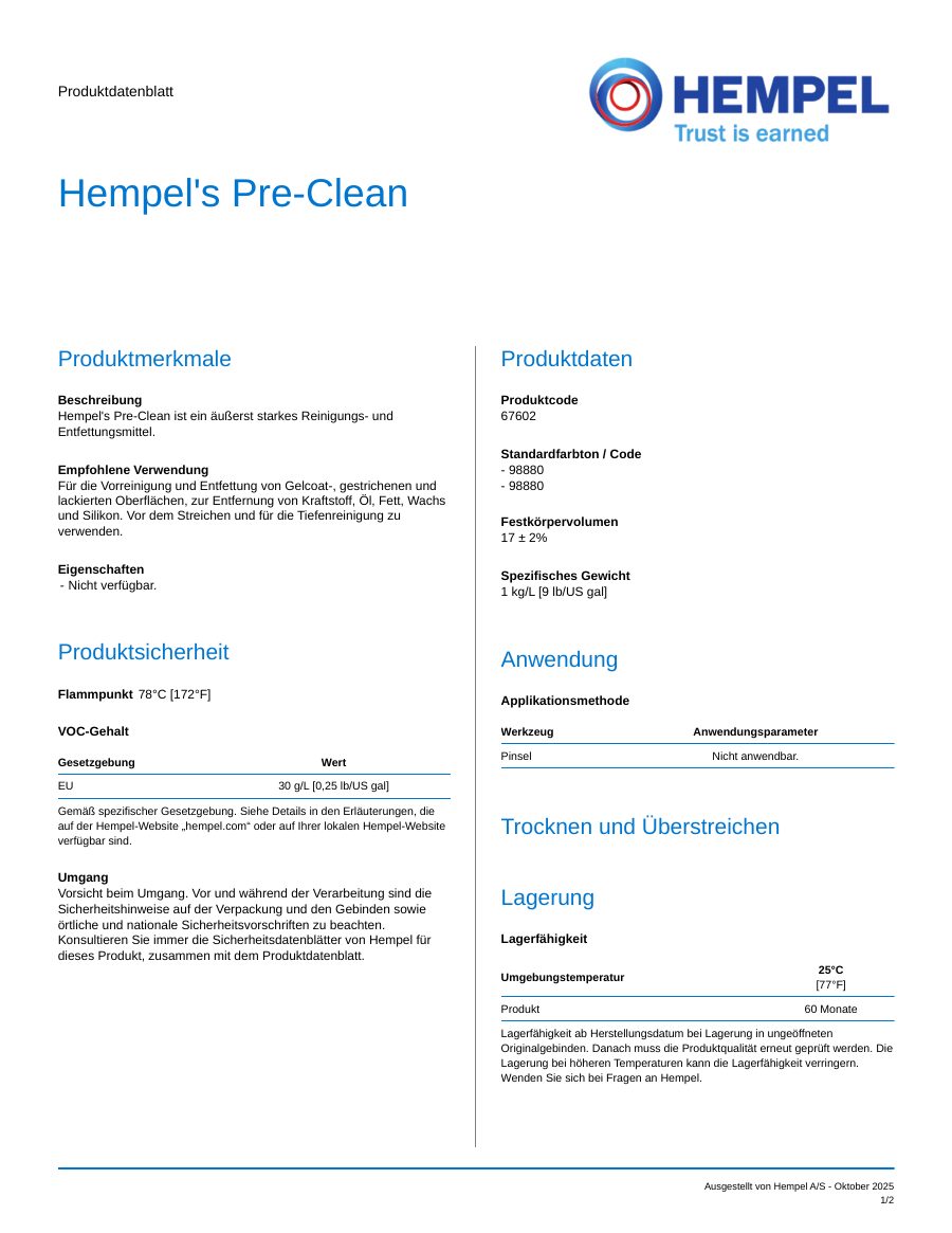 Titelseite Datenblatt Hempel's Pre-Clean (67602)