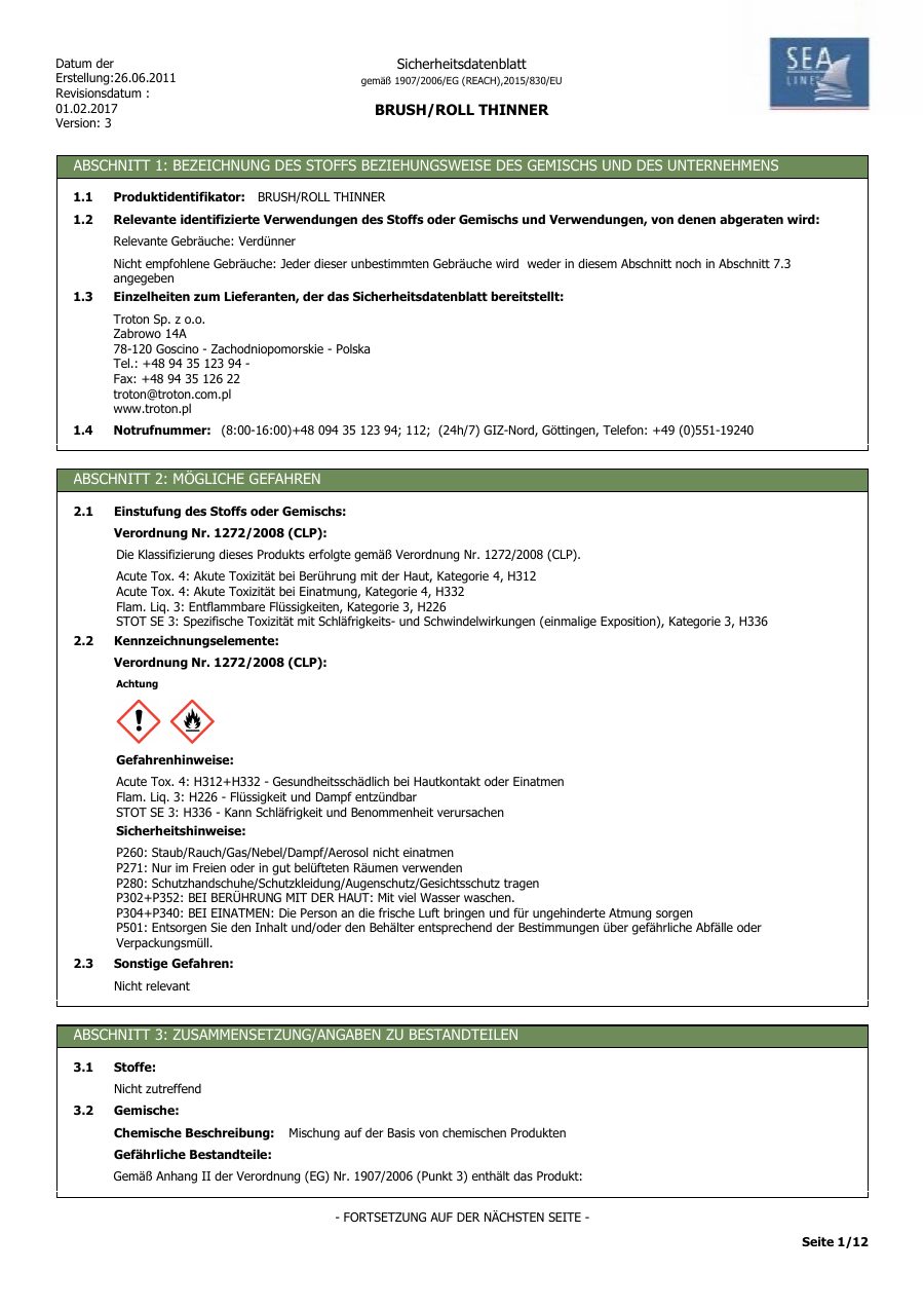 Titelseite Sicherheitsdatenblatt BRUSH/ROLL THINNER