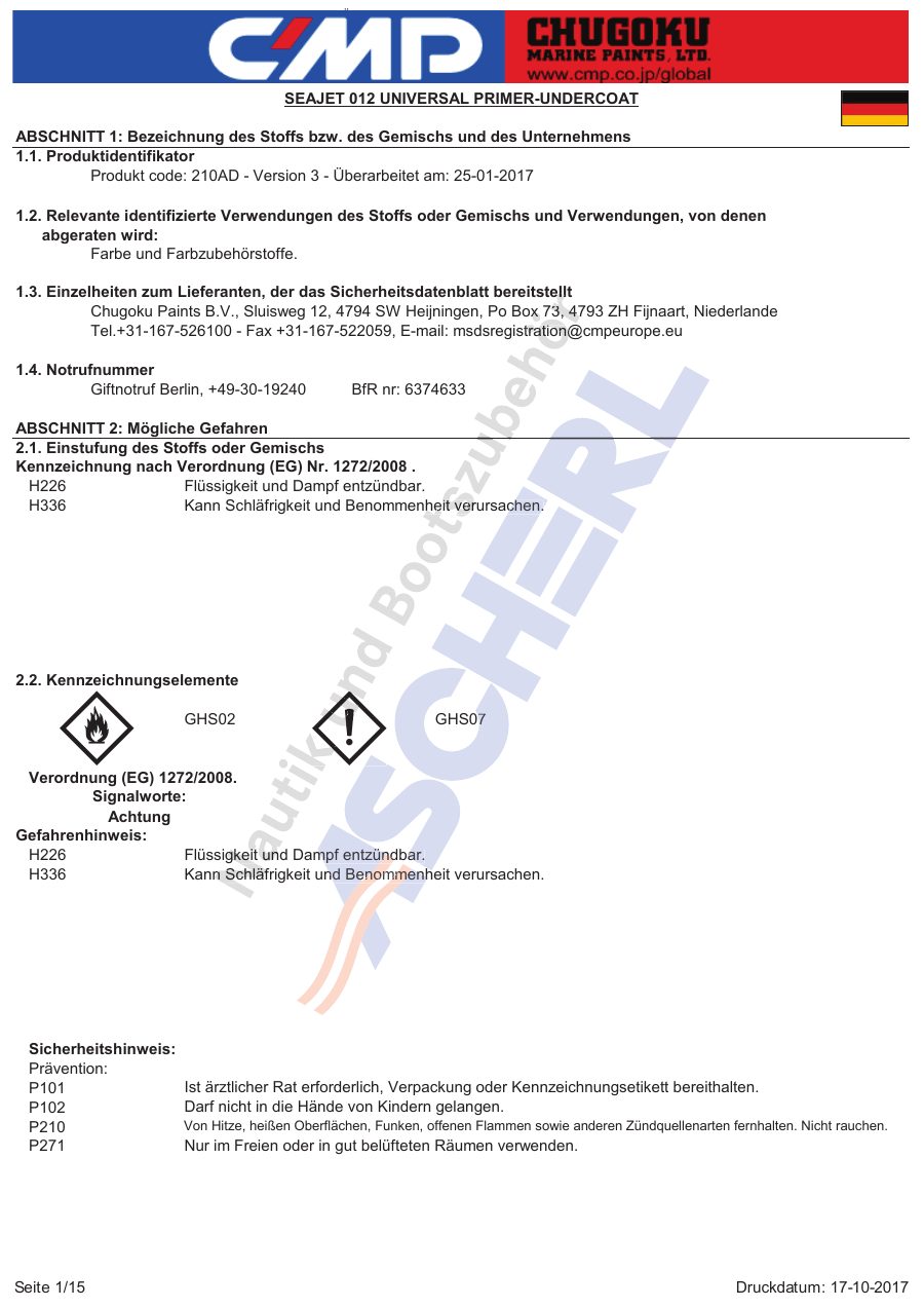 Titelseite Sicherheitsdatenblatt SEAJET 012 UNIVERSAL PRIMER-UNDERCOAT (13-SJUNI25)