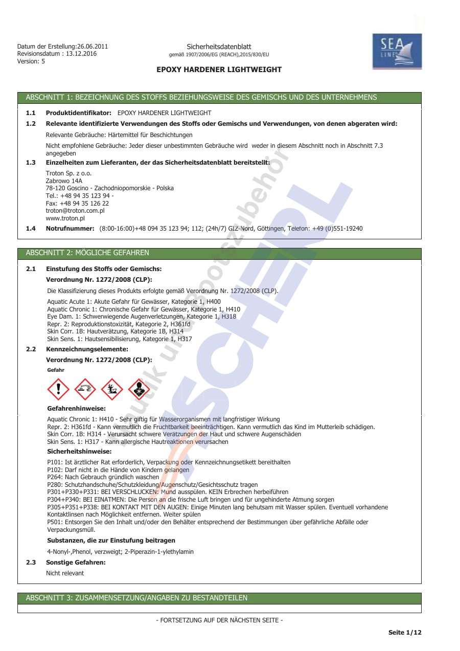Titelseite Sicherheitsdatenblatt Sea-Line 13-SLEFL07_H
