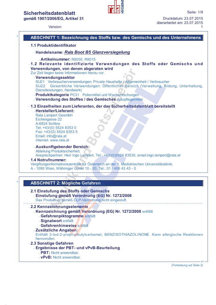 Titelseite Sicherheitsdatenblatt Rala Boot B5 Glanzversiegelung (13-RALA8005)