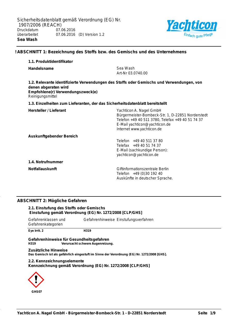 Titelseite Sicherheitsdatenblatt Sea Wash (18-SEAWASH)