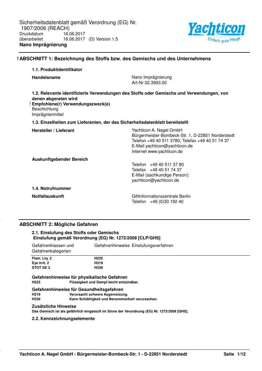 Titelseite Sicherheitsdatenblatt Nano Imprägnierung (13-YNANOIMP)