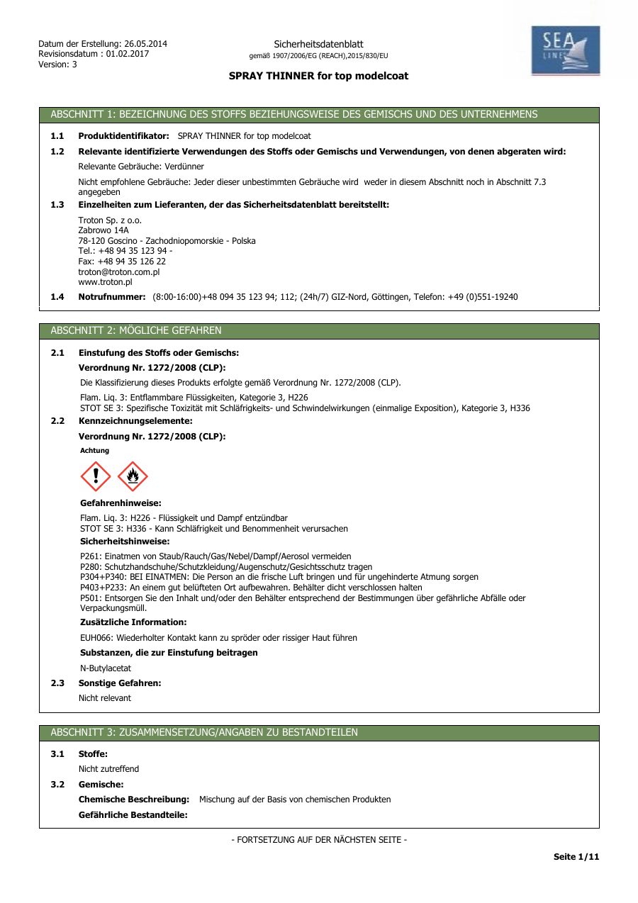 Titelseite Sicherheitsdatenblatt SPRAY THINNER for top modelcoat