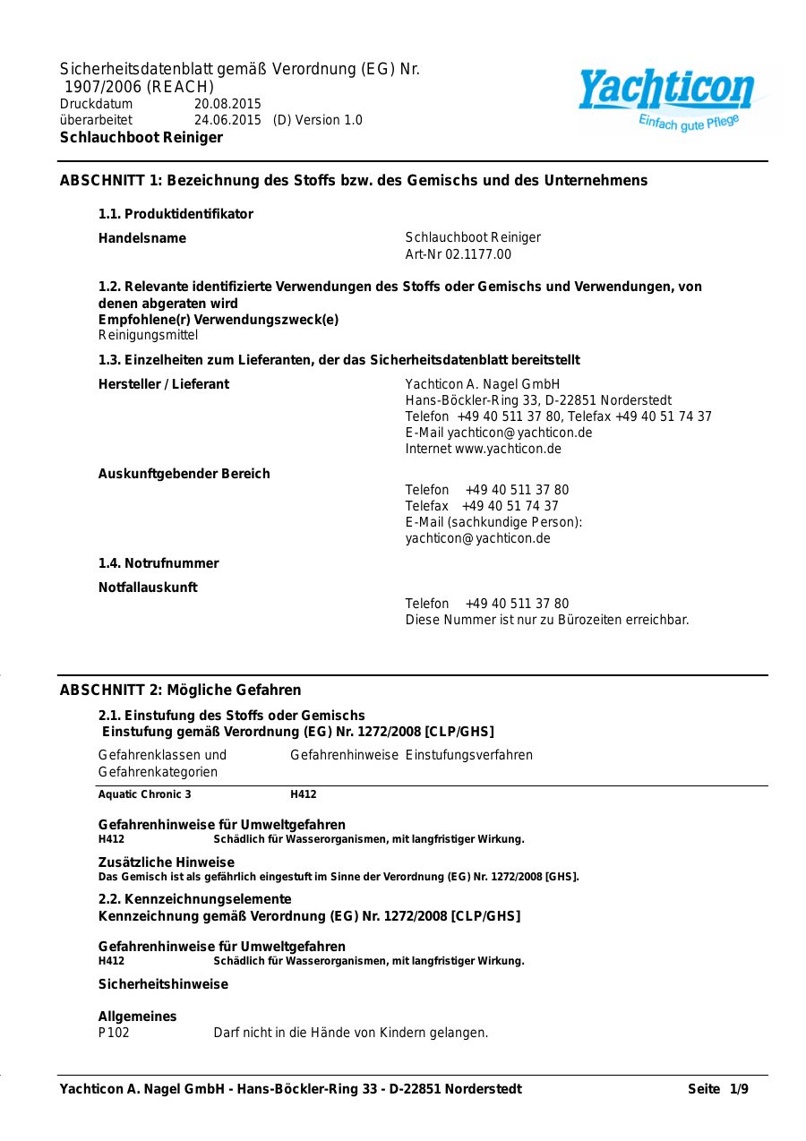 Titelseite Sicherheitsdatenblatt Schlauchboot Reiniger (13-YSCHLAUR)