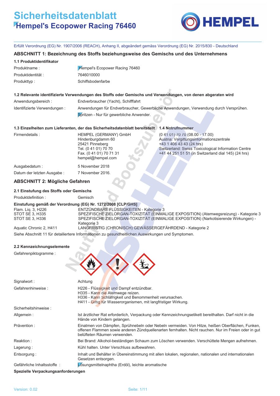 Titelseite Sicherheitsdatenblatt Hempel's Ecopower Racing 76460 (13-HECOR25B)