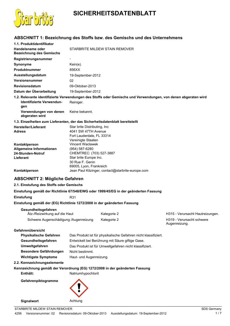 Titelseite Sicherheitsdatenblatt oder STARBRITE MILDEW STAIN REMOVER (13-SMILDREW)