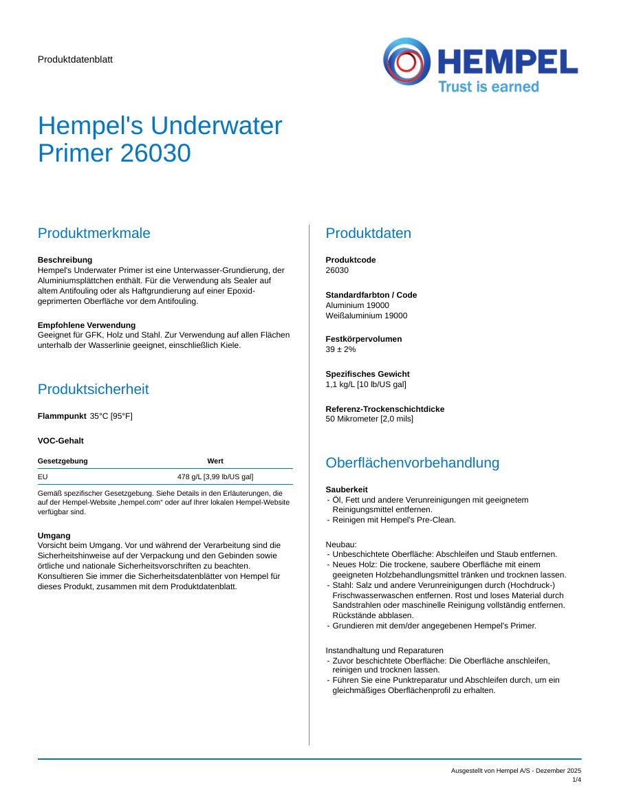 Titelseite Datenblatt Hempel's Underwater Primer (26030)