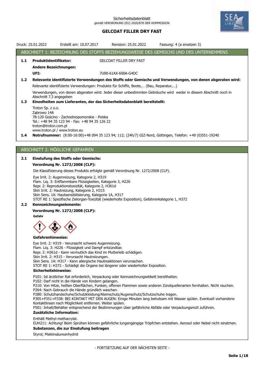 Titelseite Sicherheitsdatenblatt GELCOAT FILLER DRY FAST (13-SLGCW)