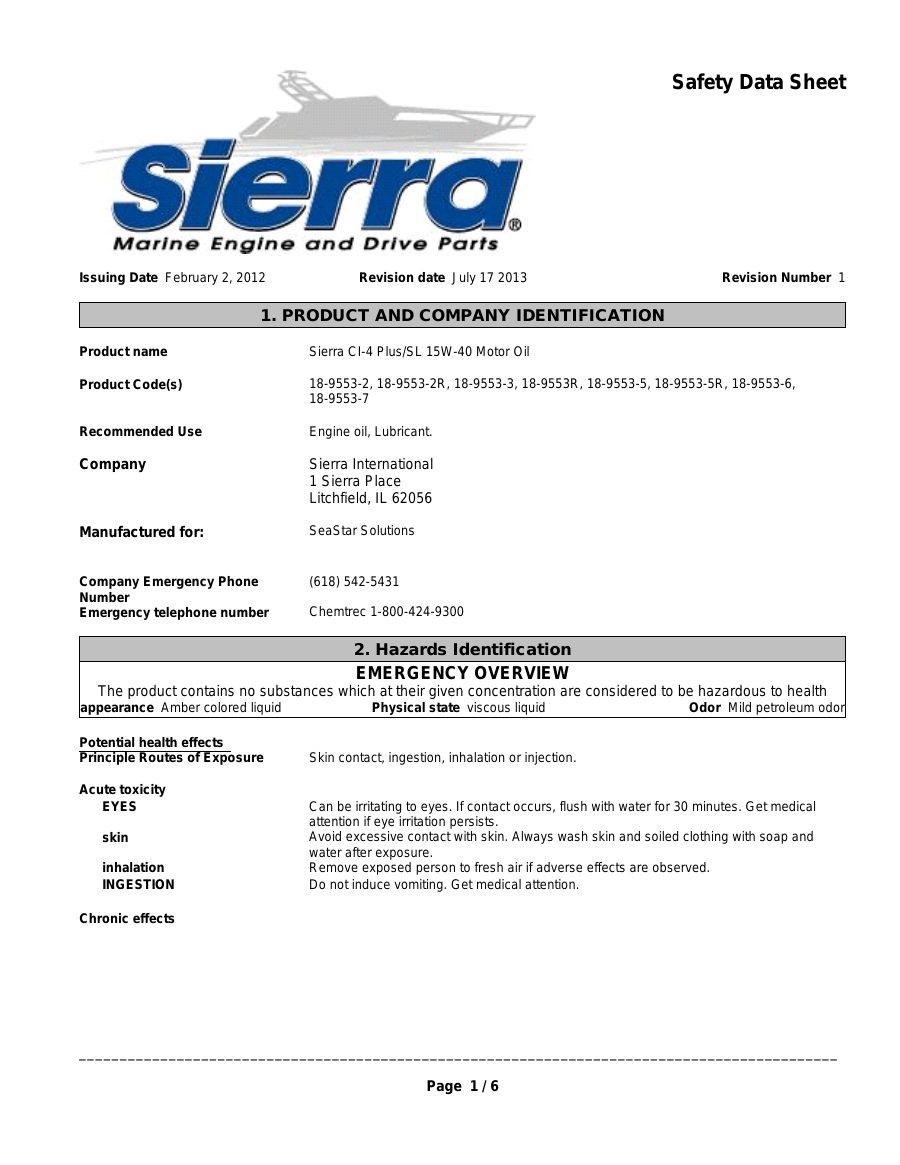 Titelseite Sicherheitsdatenblatt Sierra CI-4 Plus/SL 15W-40 Motor Oil