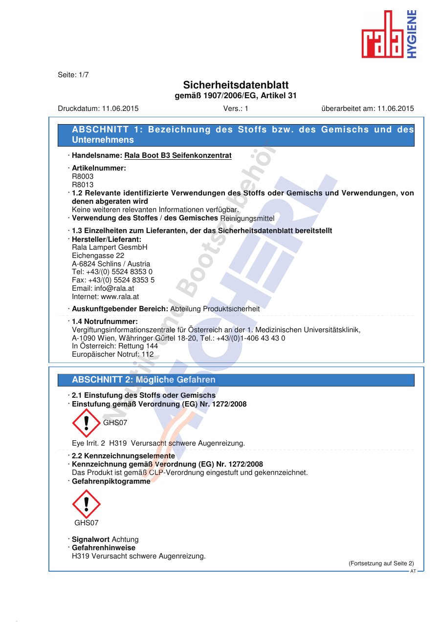 Titelseite Sicherheitsdatenblatt Rala Boot B3 Seifenkonzentrat (13-RALA8003)